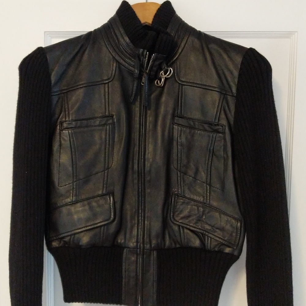 BCBG Max Azria leather and wool bomber jacket